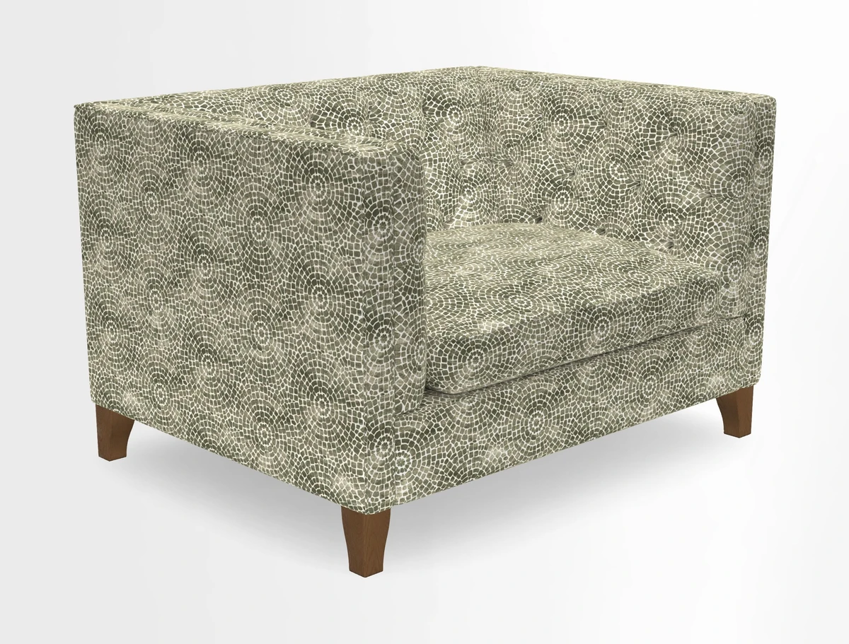 Haresfield Snuggler Dipped Arms in Mohair Lichen Seat Cushion in RHS Gertrude Jekyll Meadow Flower Olive and Scatters in RHS Gertrude Jekyll Folklore Olive