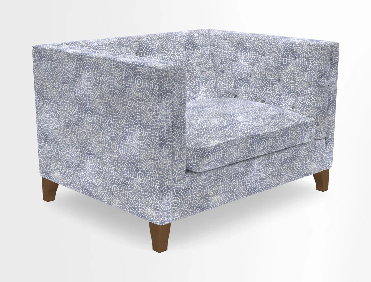 Haresfield Snuggler Dipped Arms in Mohair Lichen Seat Cushion in RHS Gertrude Jekyll Meadow Flower Olive and Scatters in RHS Gertrude Jekyll Folklore Olive