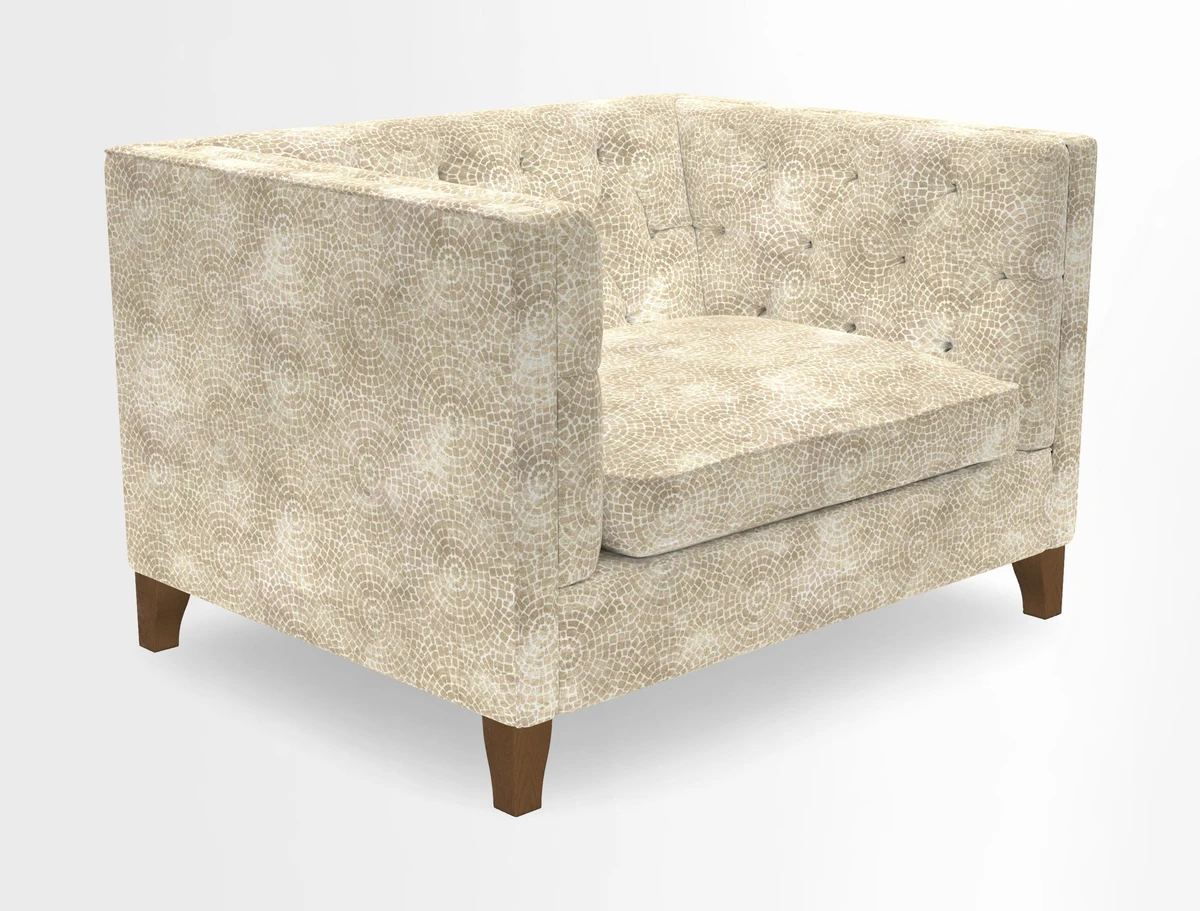 Haresfield Snuggler Dipped Arms in Mohair Lichen Seat Cushion in RHS Gertrude Jekyll Meadow Flower Olive and Scatters in RHS Gertrude Jekyll Folklore Olive