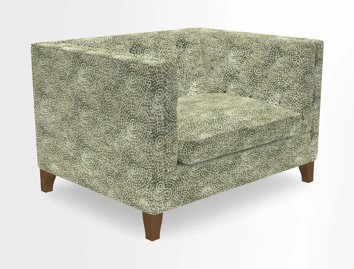 Haresfield Snuggler Dipped Arms in Mohair Lichen Seat Cushion in RHS Gertrude Jekyll Meadow Flower Olive and Scatters in RHS Gertrude Jekyll Folklore Olive