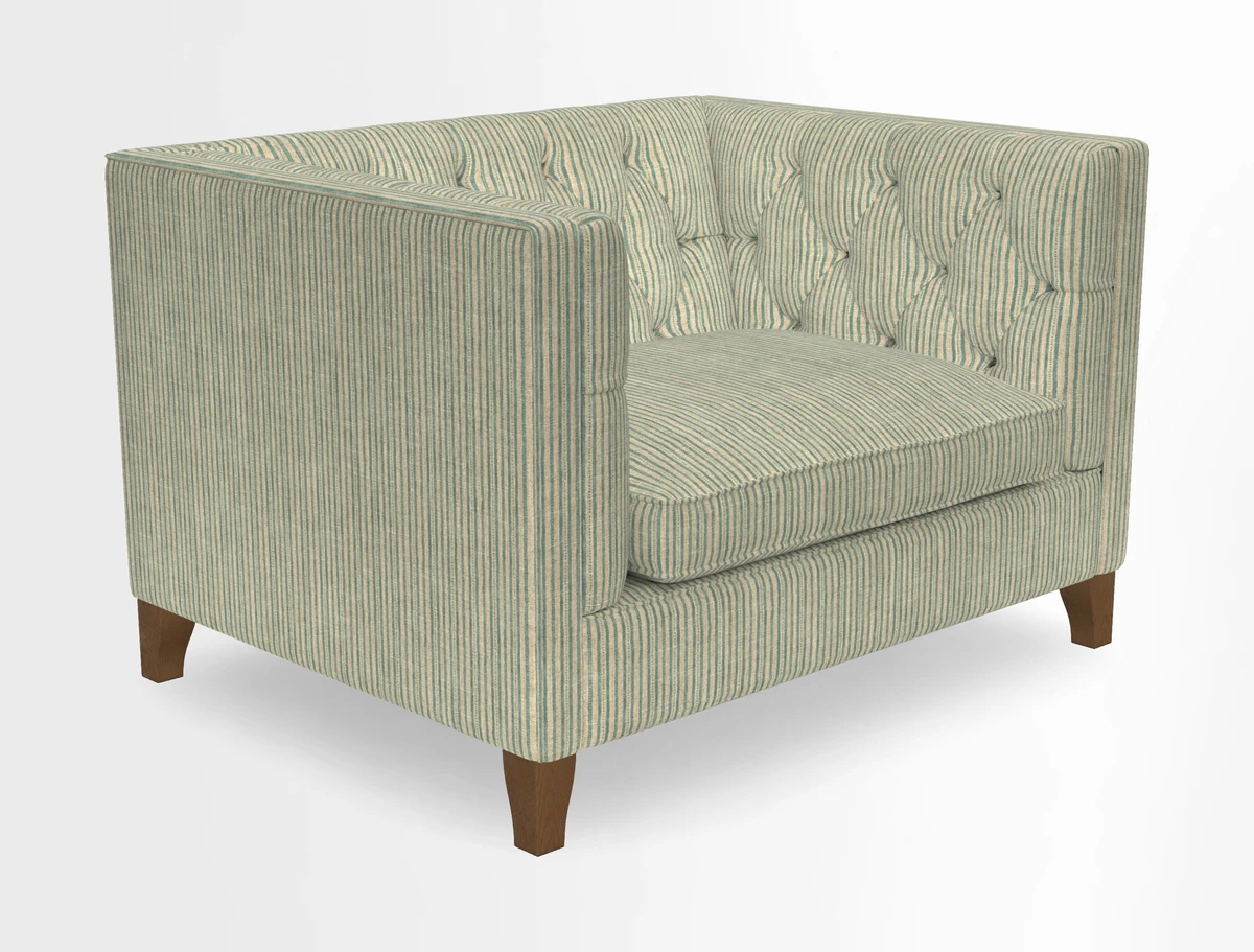 Haresfield Snuggler Dipped Arms in Mohair Lichen Seat Cushion in RHS Gertrude Jekyll Meadow Flower Olive and Scatters in RHS Gertrude Jekyll Folklore Olive