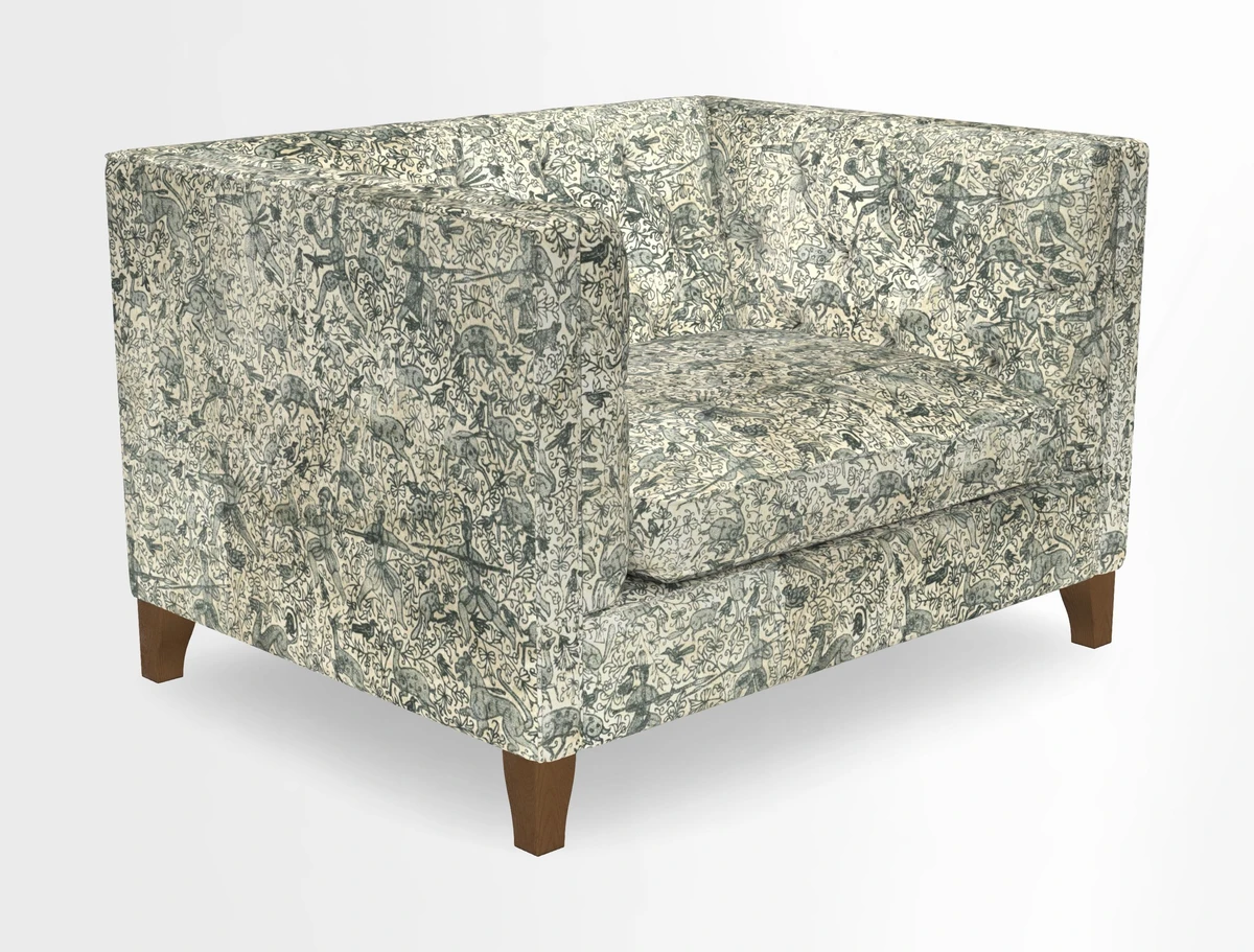 Haresfield Snuggler Dipped Arms in Mohair Lichen Seat Cushion in RHS Gertrude Jekyll Meadow Flower Olive and Scatters in RHS Gertrude Jekyll Folklore Olive