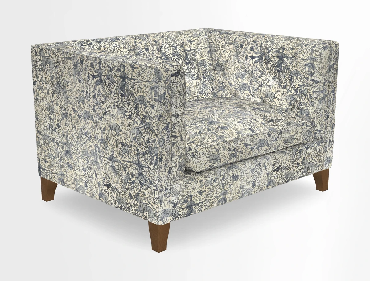 Haresfield Snuggler Dipped Arms in Mohair Lichen Seat Cushion in RHS Gertrude Jekyll Meadow Flower Olive and Scatters in RHS Gertrude Jekyll Folklore Olive