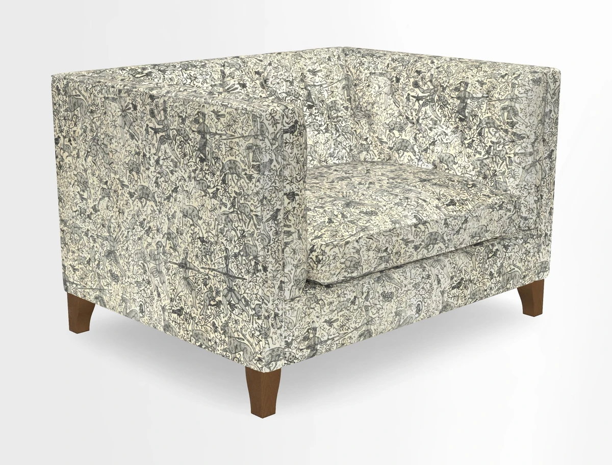 Haresfield Snuggler Dipped Arms in Mohair Lichen Seat Cushion in RHS Gertrude Jekyll Meadow Flower Olive and Scatters in RHS Gertrude Jekyll Folklore Olive