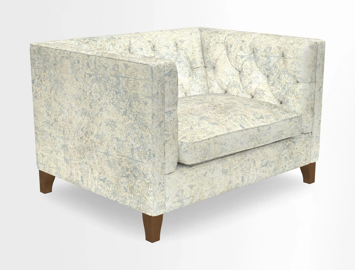 Haresfield Snuggler Dipped Arms in Mohair Lichen Seat Cushion in RHS Gertrude Jekyll Meadow Flower Olive and Scatters in RHS Gertrude Jekyll Folklore Olive