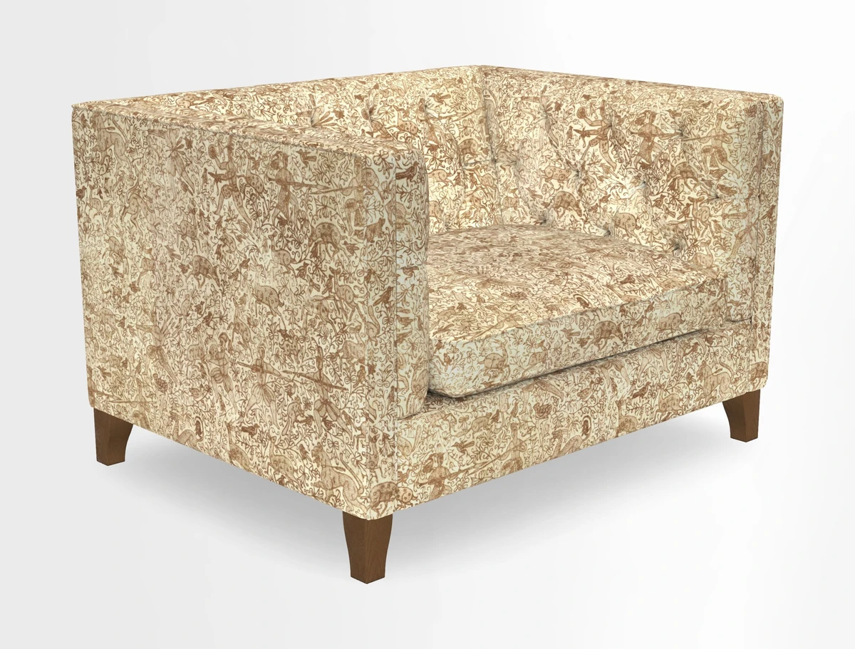 Haresfield Snuggler Dipped Arms in Mohair Lichen Seat Cushion in RHS Gertrude Jekyll Meadow Flower Olive and Scatters in RHS Gertrude Jekyll Folklore Olive