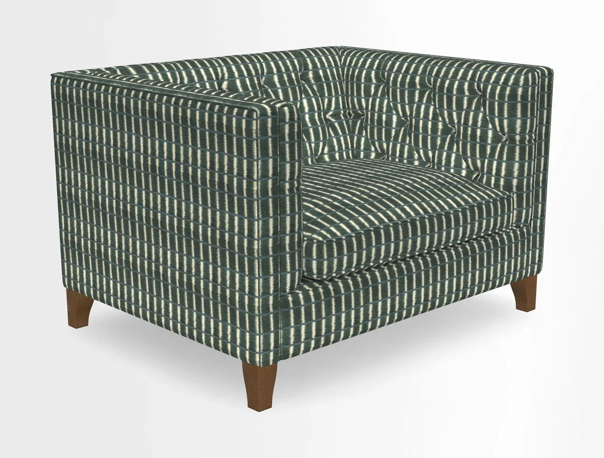 Haresfield Snuggler Dipped Arms in Mohair Lichen Seat Cushion in RHS Gertrude Jekyll Meadow Flower Olive and Scatters in RHS Gertrude Jekyll Folklore Olive