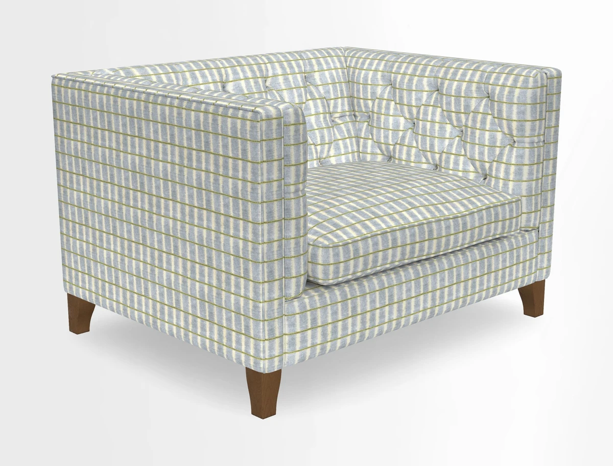 Haresfield Snuggler Dipped Arms in Mohair Lichen Seat Cushion in RHS Gertrude Jekyll Meadow Flower Olive and Scatters in RHS Gertrude Jekyll Folklore Olive
