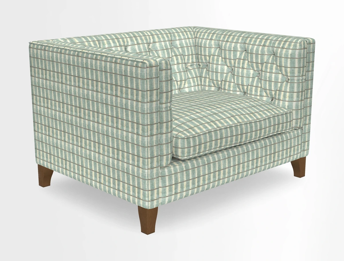 Haresfield Snuggler Dipped Arms in Mohair Lichen Seat Cushion in RHS Gertrude Jekyll Meadow Flower Olive and Scatters in RHS Gertrude Jekyll Folklore Olive