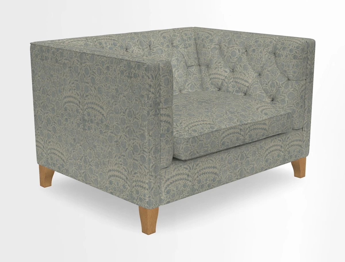Haresfield Snuggler Dipped Arms in Mohair Lichen Seat Cushion in RHS Gertrude Jekyll Meadow Flower Olive and Scatters in RHS Gertrude Jekyll Folklore Olive