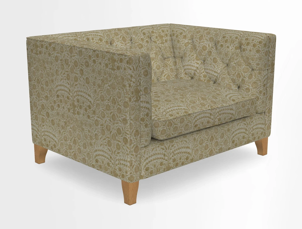 Haresfield Snuggler Dipped Arms in Mohair Lichen Seat Cushion in RHS Gertrude Jekyll Meadow Flower Olive and Scatters in RHS Gertrude Jekyll Folklore Olive