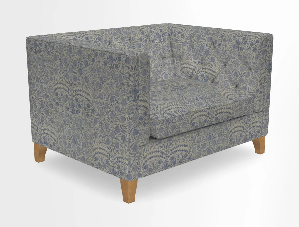 Haresfield Snuggler Dipped Arms in Mohair Lichen Seat Cushion in RHS Gertrude Jekyll Meadow Flower Olive and Scatters in RHS Gertrude Jekyll Folklore Olive