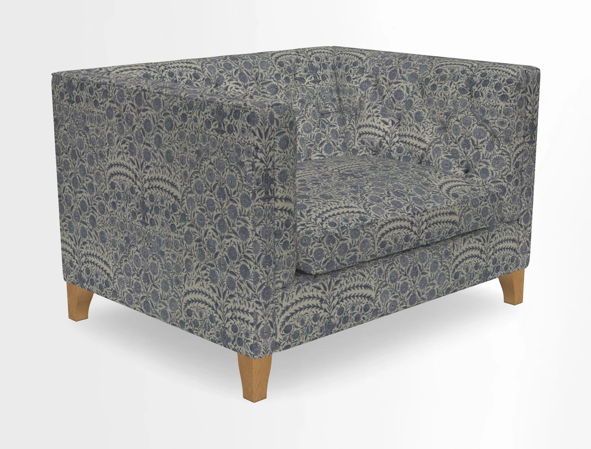Haresfield Snuggler Dipped Arms in Mohair Lichen Seat Cushion in RHS Gertrude Jekyll Meadow Flower Olive and Scatters in RHS Gertrude Jekyll Folklore Olive