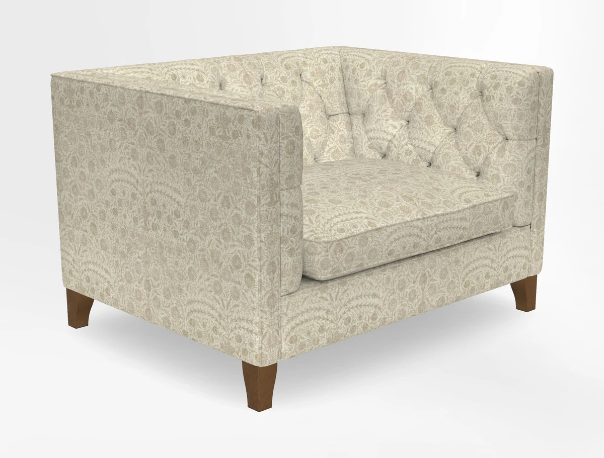 Haresfield Snuggler Dipped Arms in Mohair Lichen Seat Cushion in RHS Gertrude Jekyll Meadow Flower Olive and Scatters in RHS Gertrude Jekyll Folklore Olive