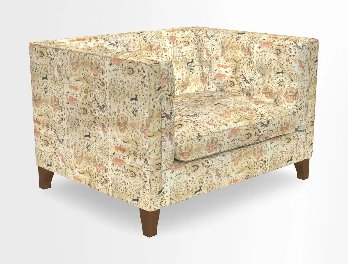 Haresfield Snuggler Dipped Arms in Mohair Lichen Seat Cushion in RHS Gertrude Jekyll Meadow Flower Olive and Scatters in RHS Gertrude Jekyll Folklore Olive