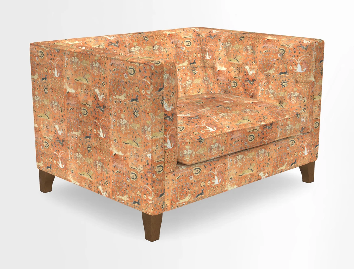 Haresfield Snuggler Dipped Arms in Mohair Lichen Seat Cushion in RHS Gertrude Jekyll Meadow Flower Olive and Scatters in RHS Gertrude Jekyll Folklore Olive