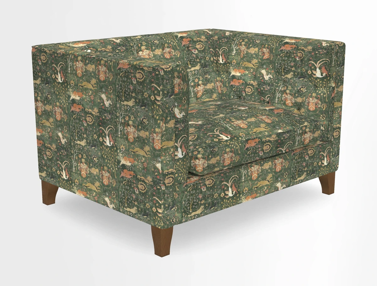 Haresfield Snuggler Dipped Arms in Mohair Lichen Seat Cushion in RHS Gertrude Jekyll Meadow Flower Olive and Scatters in RHS Gertrude Jekyll Folklore Olive