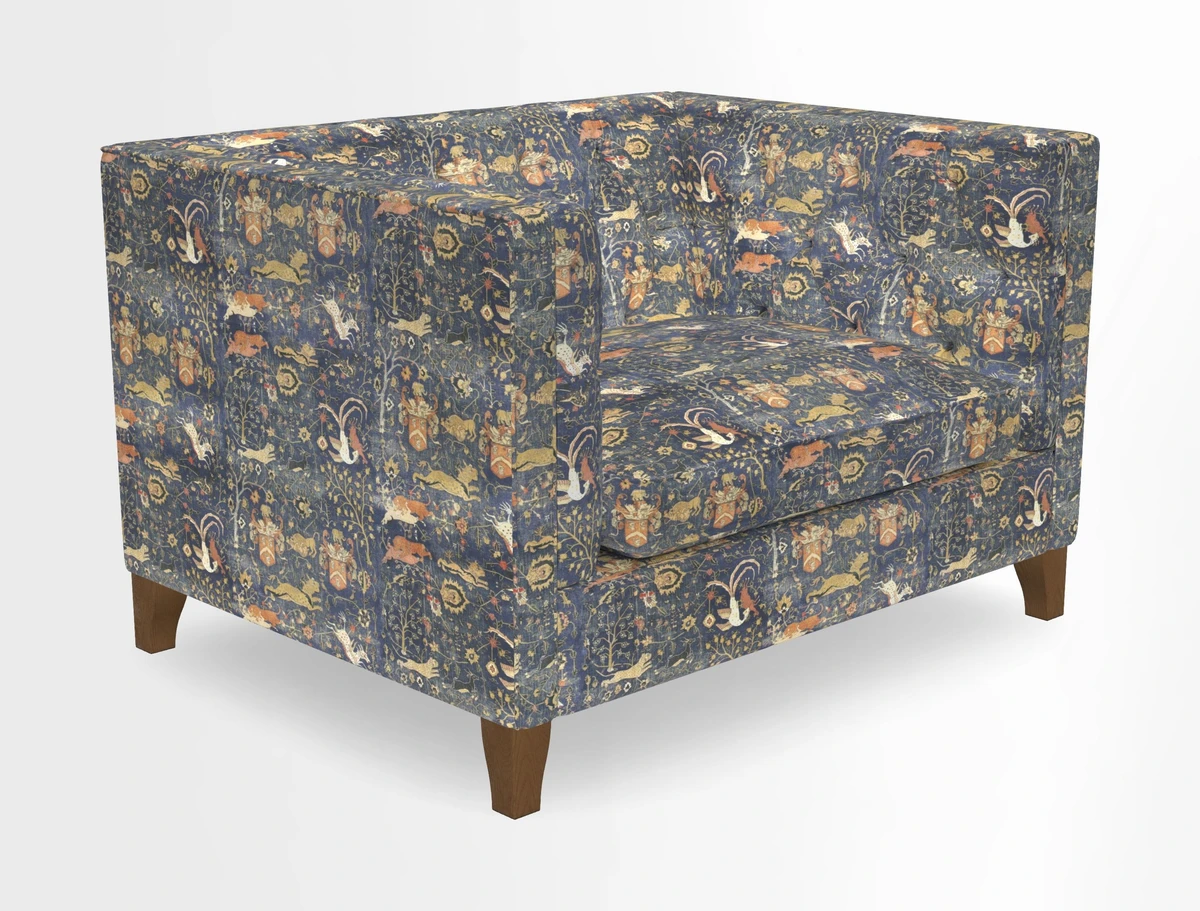 Haresfield Snuggler Dipped Arms in Mohair Lichen Seat Cushion in RHS Gertrude Jekyll Meadow Flower Olive and Scatters in RHS Gertrude Jekyll Folklore Olive