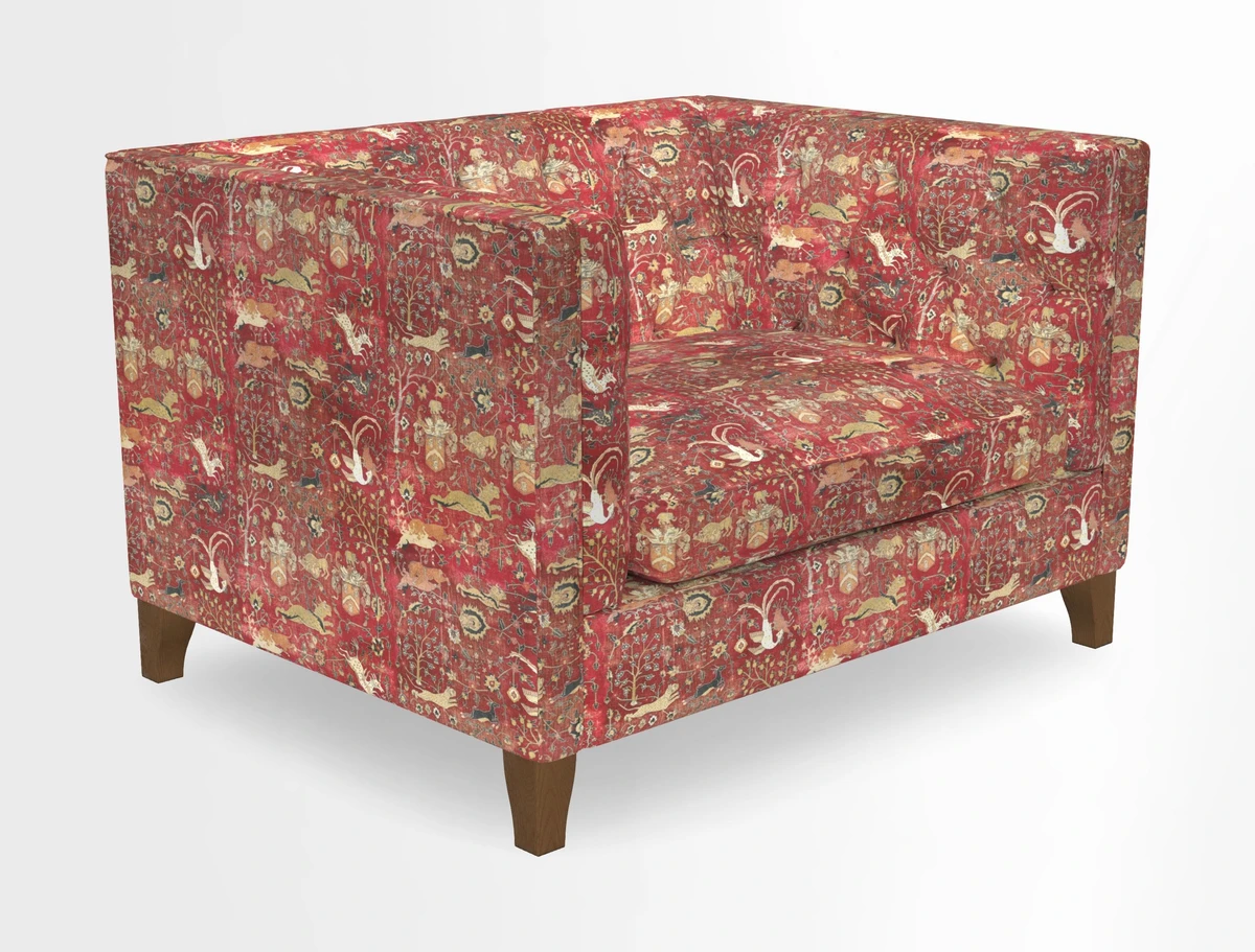 Haresfield Snuggler Dipped Arms in Mohair Lichen Seat Cushion in RHS Gertrude Jekyll Meadow Flower Olive and Scatters in RHS Gertrude Jekyll Folklore Olive