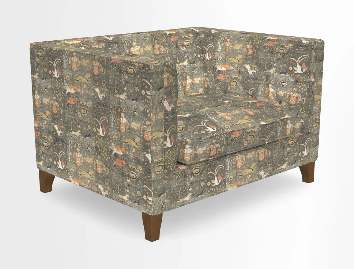 Haresfield Snuggler Dipped Arms in Mohair Lichen Seat Cushion in RHS Gertrude Jekyll Meadow Flower Olive and Scatters in RHS Gertrude Jekyll Folklore Olive
