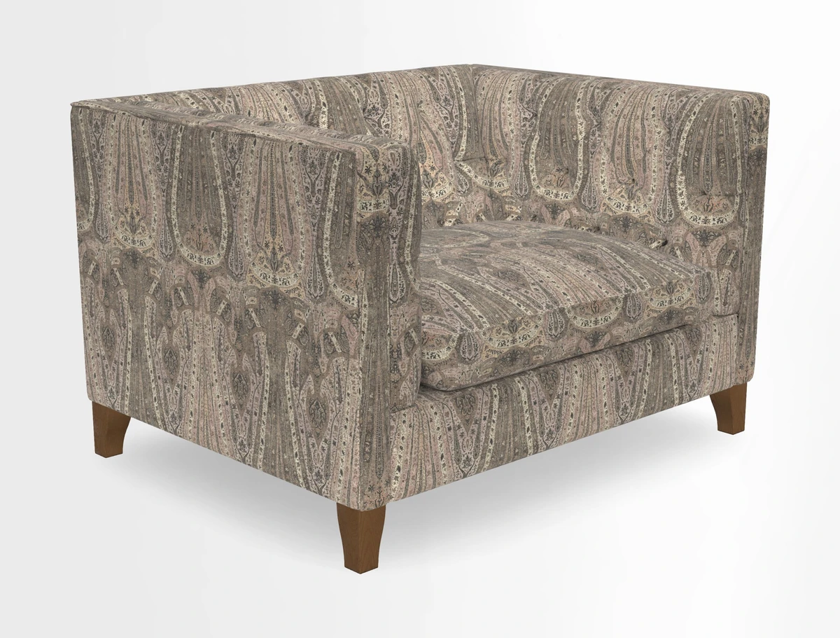 Haresfield Snuggler Dipped Arms in Mohair Lichen Seat Cushion in RHS Gertrude Jekyll Meadow Flower Olive and Scatters in RHS Gertrude Jekyll Folklore Olive