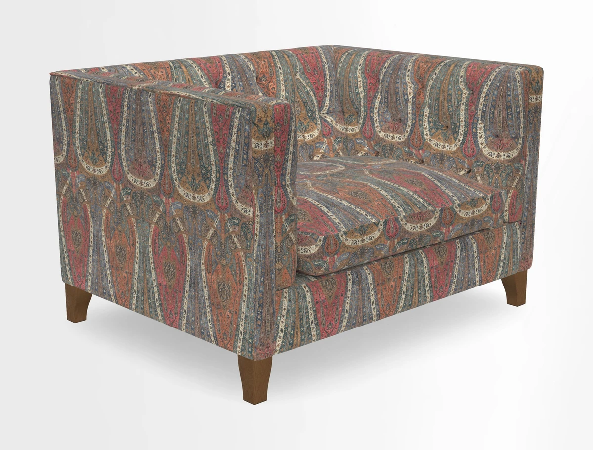 Haresfield Snuggler Dipped Arms in Mohair Lichen Seat Cushion in RHS Gertrude Jekyll Meadow Flower Olive and Scatters in RHS Gertrude Jekyll Folklore Olive