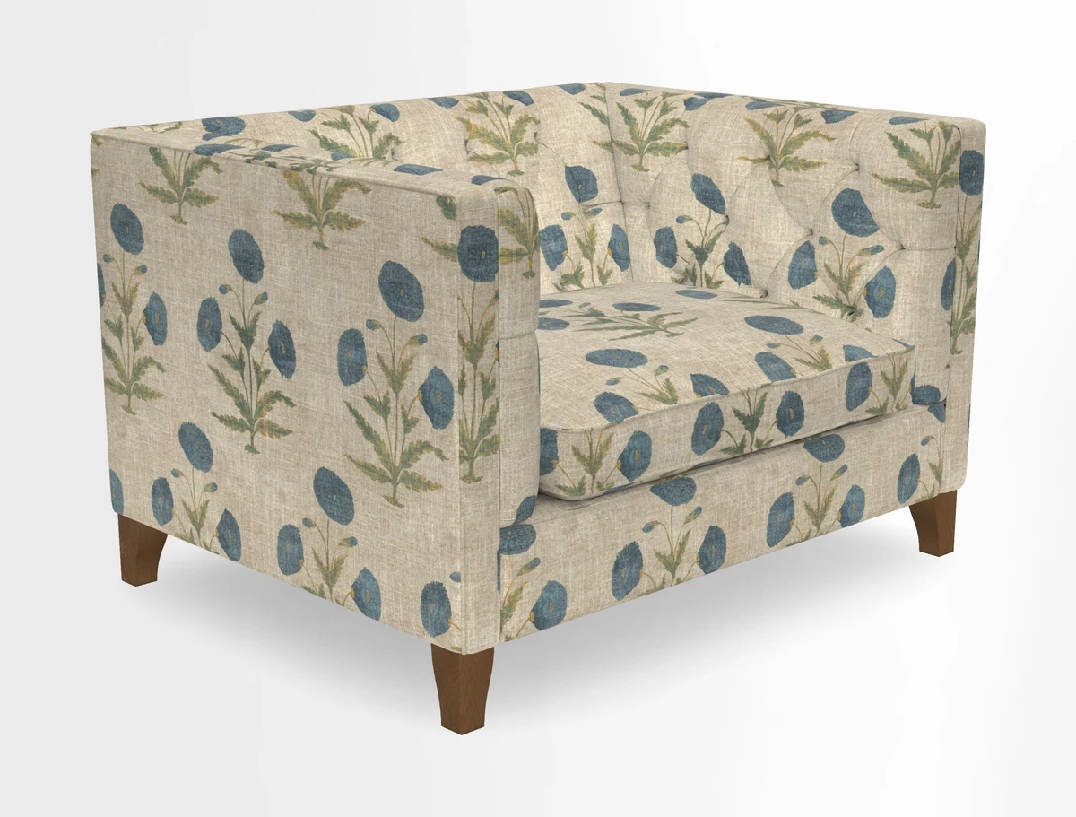Haresfield Snuggler Dipped Arms in Mohair Lichen Seat Cushion in RHS Gertrude Jekyll Meadow Flower Olive and Scatters in RHS Gertrude Jekyll Folklore Olive