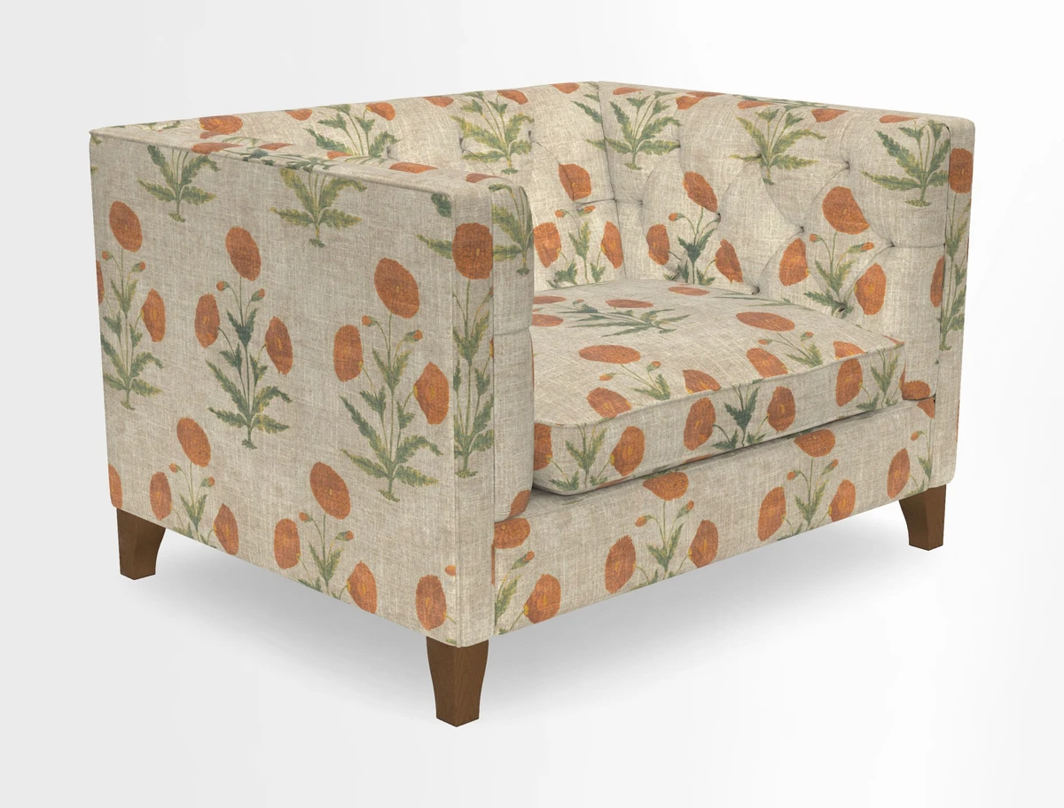 Haresfield Snuggler Dipped Arms in Mohair Lichen Seat Cushion in RHS Gertrude Jekyll Meadow Flower Olive and Scatters in RHS Gertrude Jekyll Folklore Olive