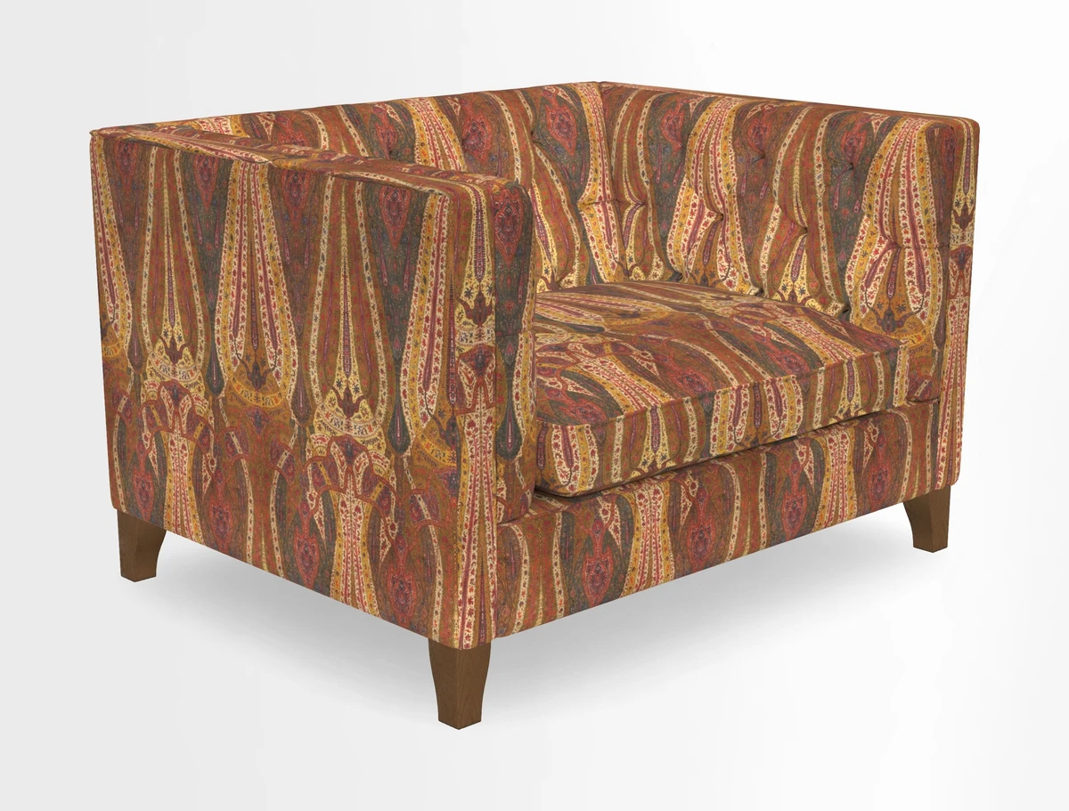 Haresfield Snuggler Dipped Arms in Mohair Lichen Seat Cushion in RHS Gertrude Jekyll Meadow Flower Olive and Scatters in RHS Gertrude Jekyll Folklore Olive
