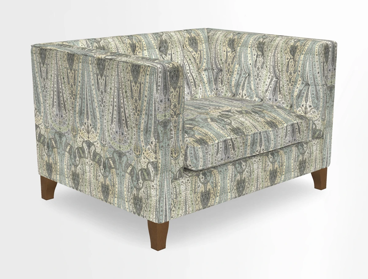Haresfield Snuggler Dipped Arms in Mohair Lichen Seat Cushion in RHS Gertrude Jekyll Meadow Flower Olive and Scatters in RHS Gertrude Jekyll Folklore Olive