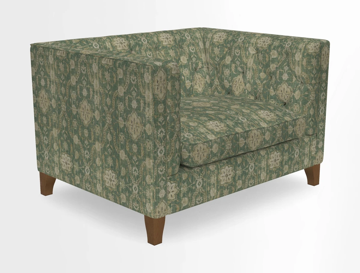 Haresfield Snuggler Dipped Arms in Mohair Lichen Seat Cushion in RHS Gertrude Jekyll Meadow Flower Olive and Scatters in RHS Gertrude Jekyll Folklore Olive