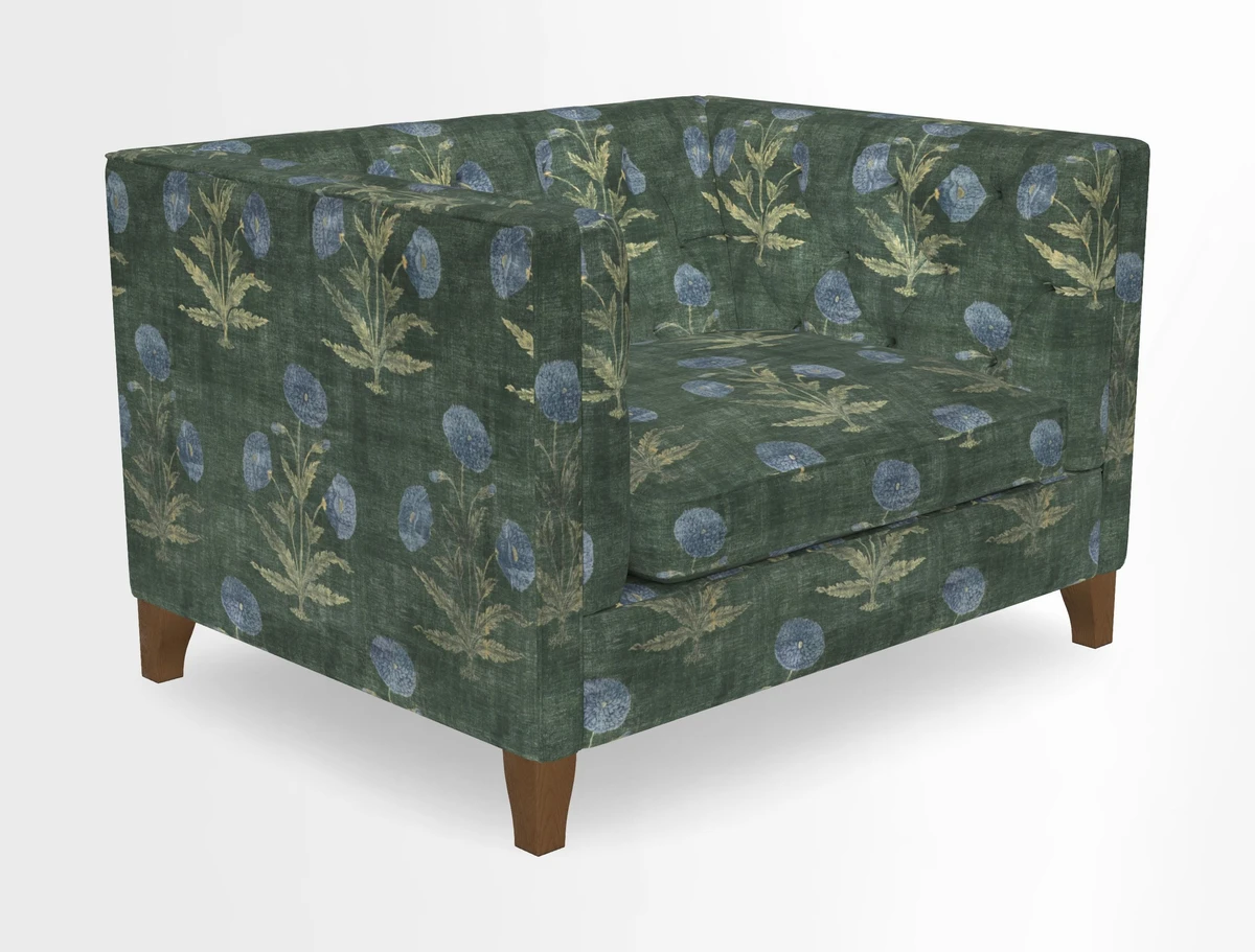 Haresfield Snuggler Dipped Arms in Mohair Lichen Seat Cushion in RHS Gertrude Jekyll Meadow Flower Olive and Scatters in RHS Gertrude Jekyll Folklore Olive