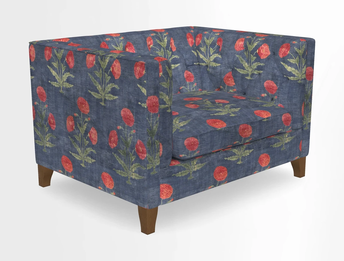 Haresfield Snuggler Dipped Arms in Mohair Lichen Seat Cushion in RHS Gertrude Jekyll Meadow Flower Olive and Scatters in RHS Gertrude Jekyll Folklore Olive