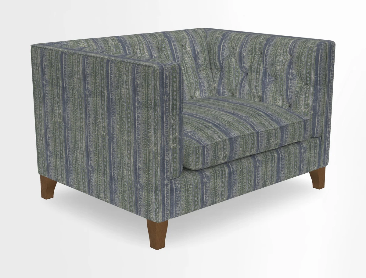 Haresfield Snuggler Dipped Arms in Mohair Lichen Seat Cushion in RHS Gertrude Jekyll Meadow Flower Olive and Scatters in RHS Gertrude Jekyll Folklore Olive
