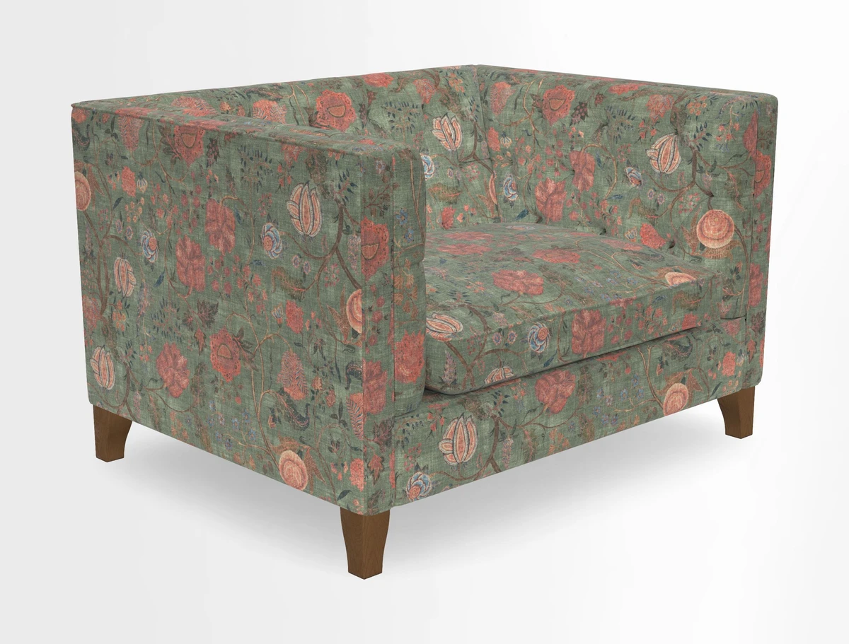 Haresfield Snuggler Dipped Arms in Mohair Lichen Seat Cushion in RHS Gertrude Jekyll Meadow Flower Olive and Scatters in RHS Gertrude Jekyll Folklore Olive