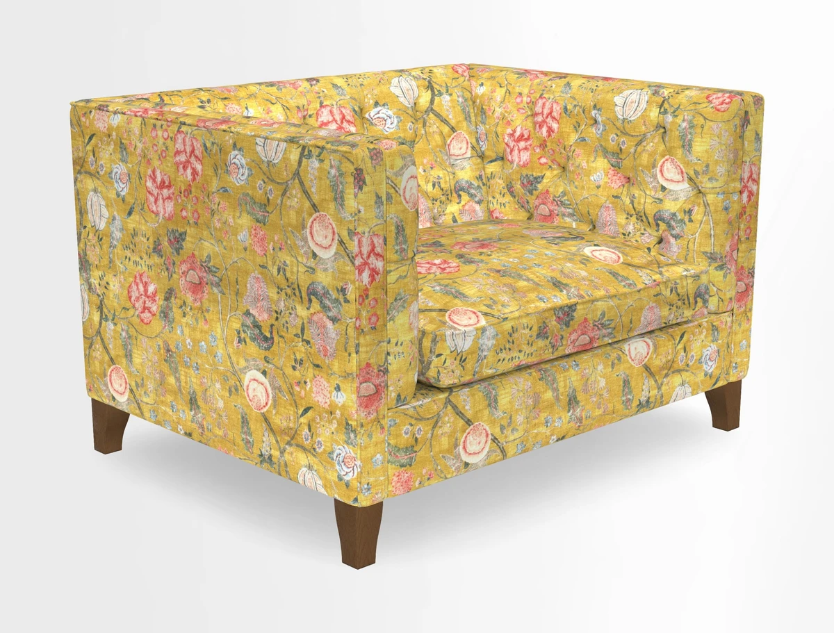 Haresfield Snuggler Dipped Arms in Mohair Lichen Seat Cushion in RHS Gertrude Jekyll Meadow Flower Olive and Scatters in RHS Gertrude Jekyll Folklore Olive