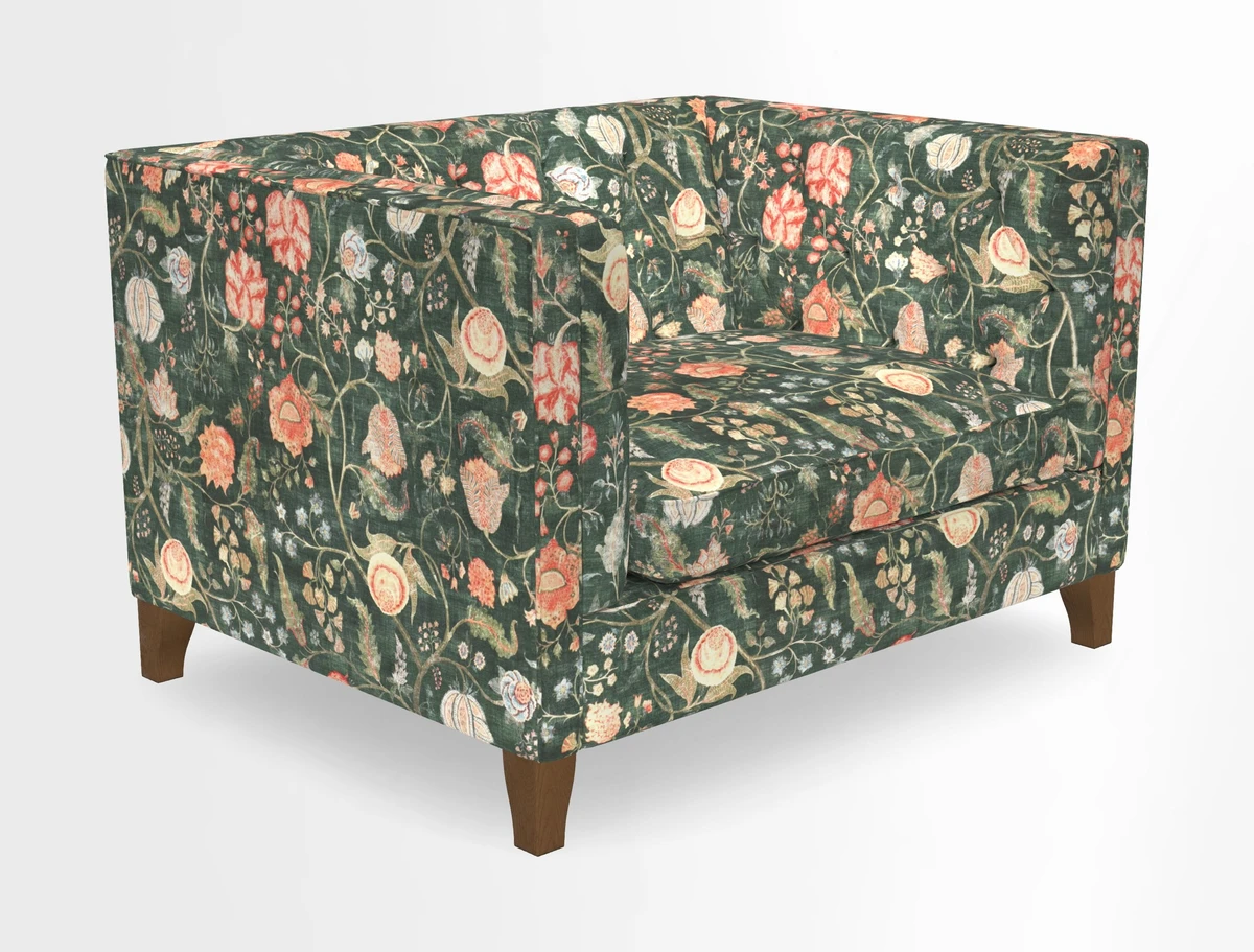 Haresfield Snuggler Dipped Arms in Mohair Lichen Seat Cushion in RHS Gertrude Jekyll Meadow Flower Olive and Scatters in RHS Gertrude Jekyll Folklore Olive