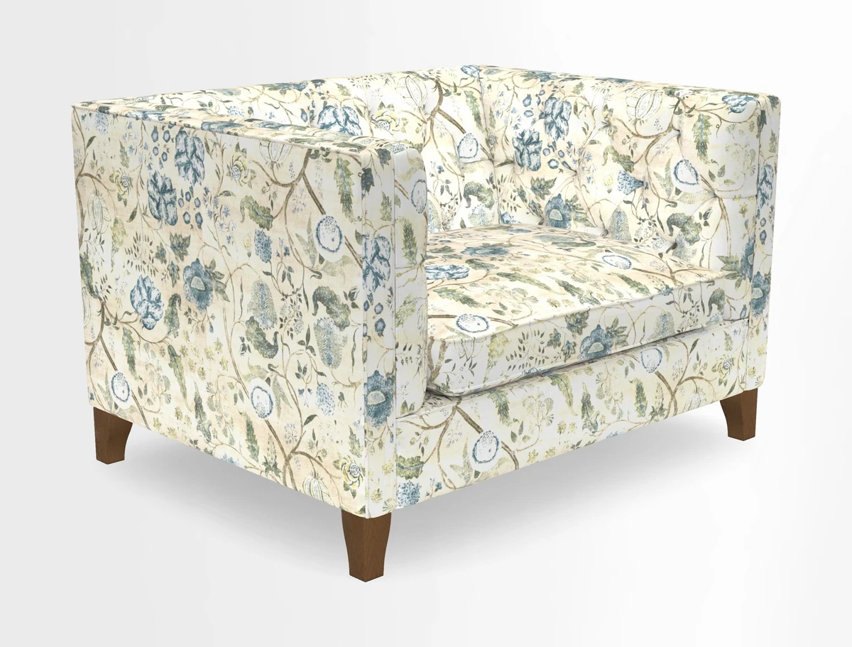 Haresfield Snuggler Dipped Arms in Mohair Lichen Seat Cushion in RHS Gertrude Jekyll Meadow Flower Olive and Scatters in RHS Gertrude Jekyll Folklore Olive