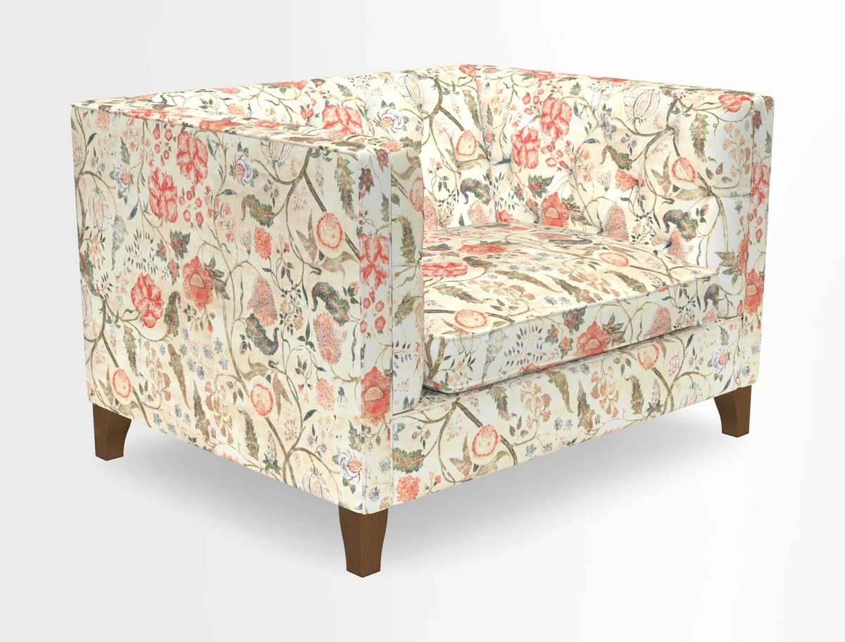 Haresfield Snuggler Dipped Arms in Mohair Lichen Seat Cushion in RHS Gertrude Jekyll Meadow Flower Olive and Scatters in RHS Gertrude Jekyll Folklore Olive