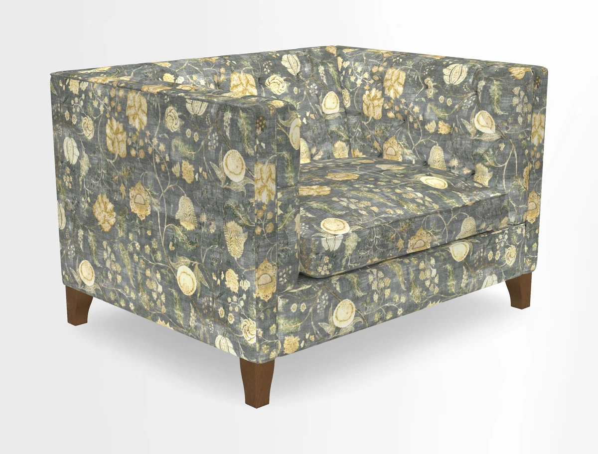 Haresfield Snuggler Dipped Arms in Mohair Lichen Seat Cushion in RHS Gertrude Jekyll Meadow Flower Olive and Scatters in RHS Gertrude Jekyll Folklore Olive