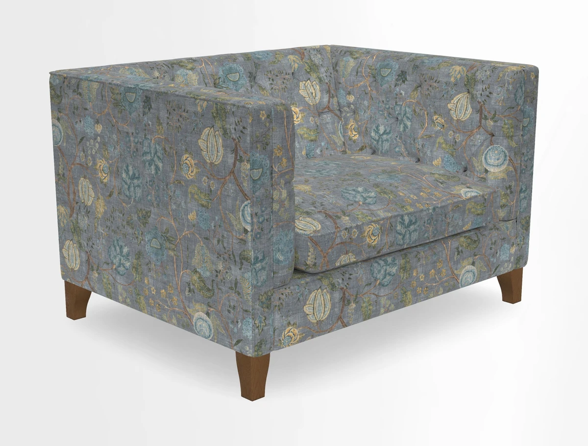 Haresfield Snuggler Dipped Arms in Mohair Lichen Seat Cushion in RHS Gertrude Jekyll Meadow Flower Olive and Scatters in RHS Gertrude Jekyll Folklore Olive