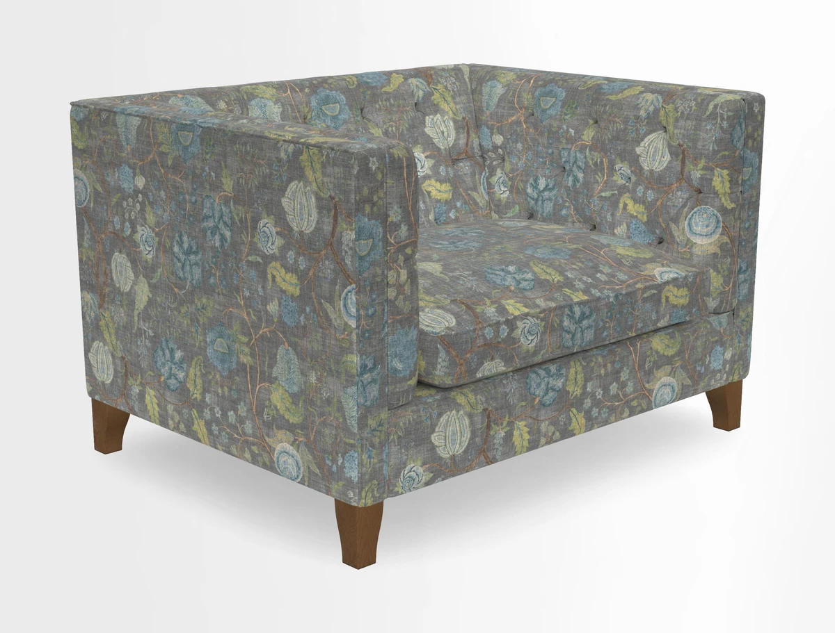 Haresfield Snuggler Dipped Arms in Mohair Lichen Seat Cushion in RHS Gertrude Jekyll Meadow Flower Olive and Scatters in RHS Gertrude Jekyll Folklore Olive