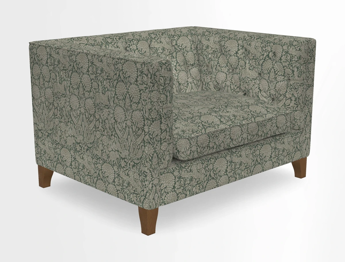Haresfield Snuggler Dipped Arms in Mohair Lichen Seat Cushion in RHS Gertrude Jekyll Meadow Flower Olive and Scatters in RHS Gertrude Jekyll Folklore Olive
