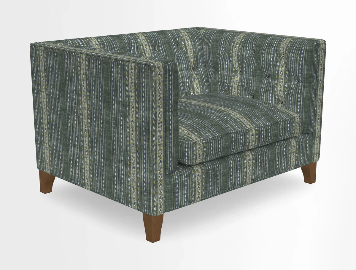 Haresfield Snuggler Dipped Arms in Mohair Lichen Seat Cushion in RHS Gertrude Jekyll Meadow Flower Olive and Scatters in RHS Gertrude Jekyll Folklore Olive