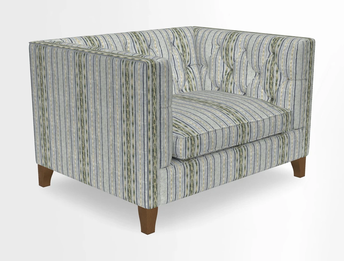 Haresfield Snuggler Dipped Arms in Mohair Lichen Seat Cushion in RHS Gertrude Jekyll Meadow Flower Olive and Scatters in RHS Gertrude Jekyll Folklore Olive