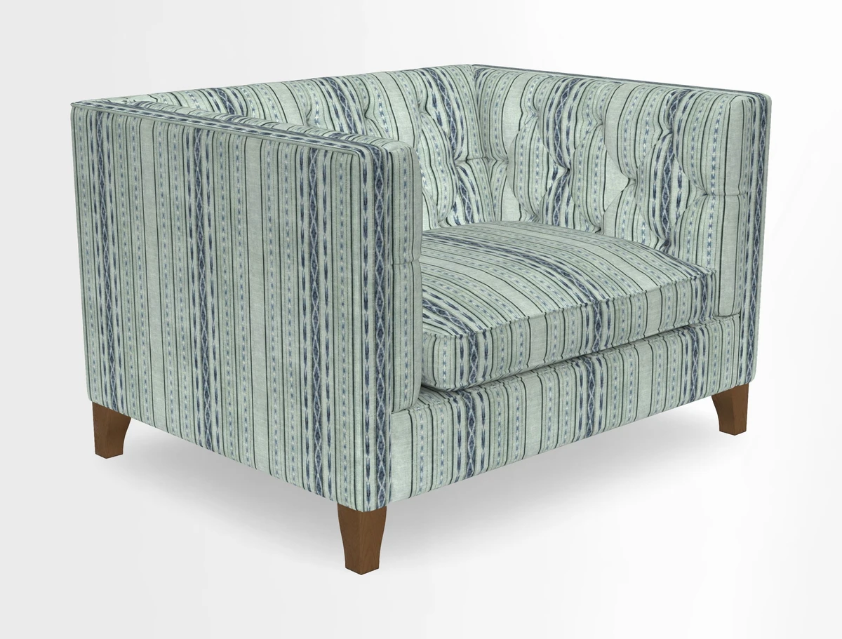Haresfield Snuggler Dipped Arms in Mohair Lichen Seat Cushion in RHS Gertrude Jekyll Meadow Flower Olive and Scatters in RHS Gertrude Jekyll Folklore Olive