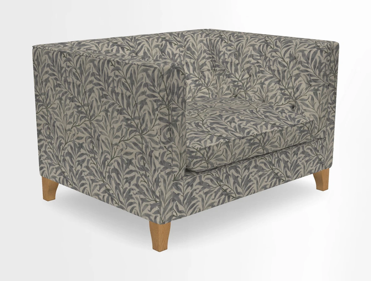 Haresfield Snuggler Dipped Arms in Mohair Lichen Seat Cushion in RHS Gertrude Jekyll Meadow Flower Olive and Scatters in RHS Gertrude Jekyll Folklore Olive