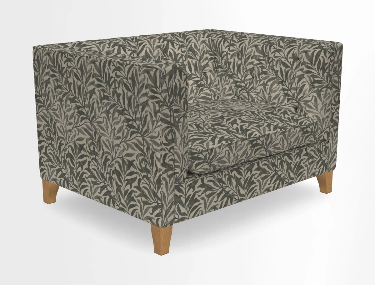Haresfield Snuggler Dipped Arms in Mohair Lichen Seat Cushion in RHS Gertrude Jekyll Meadow Flower Olive and Scatters in RHS Gertrude Jekyll Folklore Olive