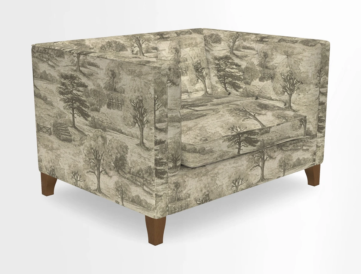 Haresfield Snuggler Dipped Arms in Mohair Lichen Seat Cushion in RHS Gertrude Jekyll Meadow Flower Olive and Scatters in RHS Gertrude Jekyll Folklore Olive