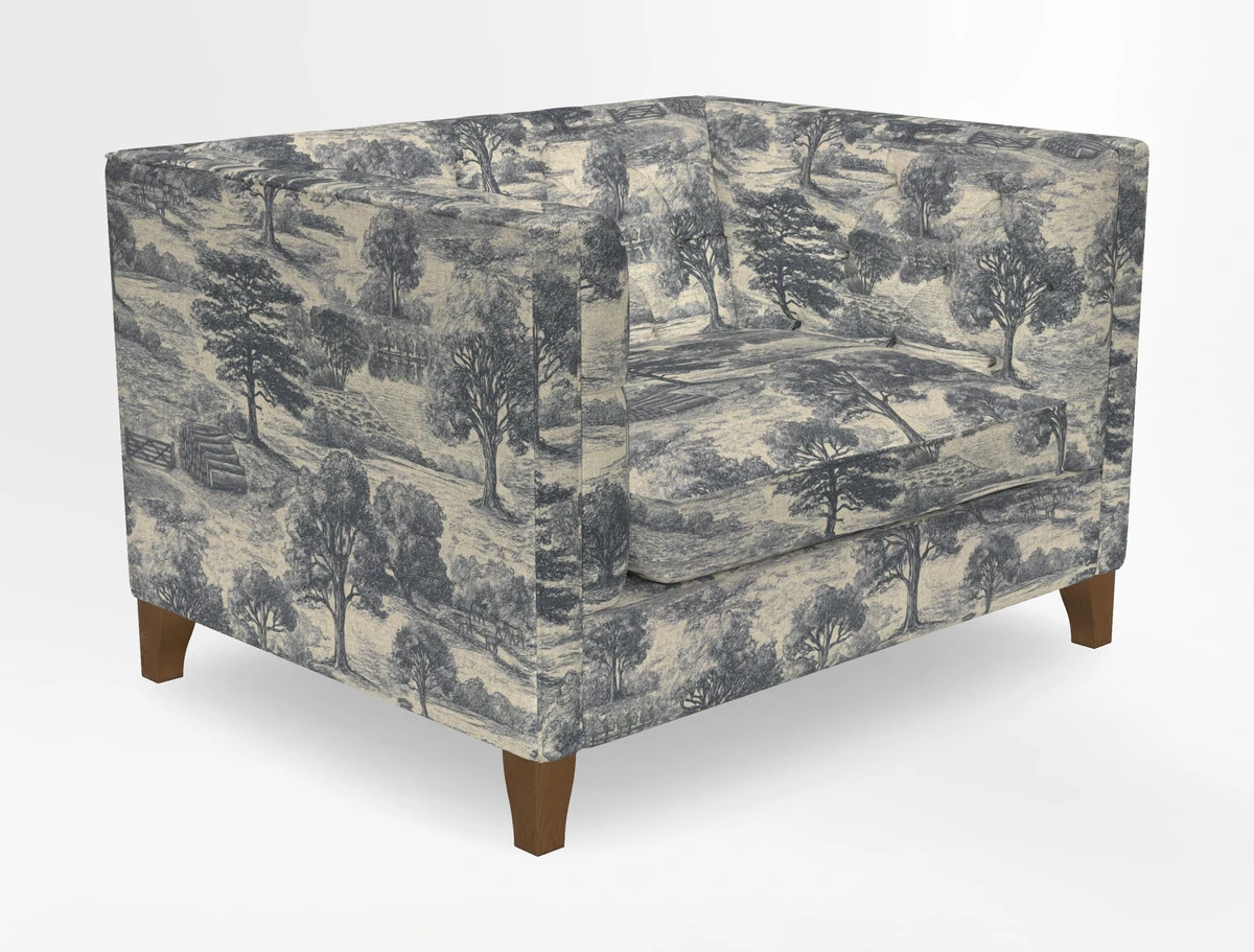 Haresfield Snuggler Dipped Arms in Mohair Lichen Seat Cushion in RHS Gertrude Jekyll Meadow Flower Olive and Scatters in RHS Gertrude Jekyll Folklore Olive